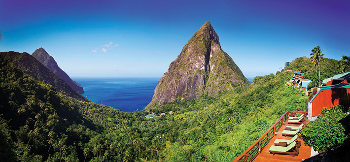 View of the Pitons and the sea from Ladera