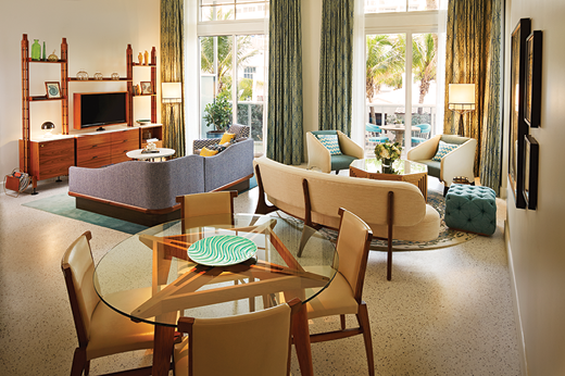 The living area of the Carmen Miranda Suite at the Thompson Miami Beach