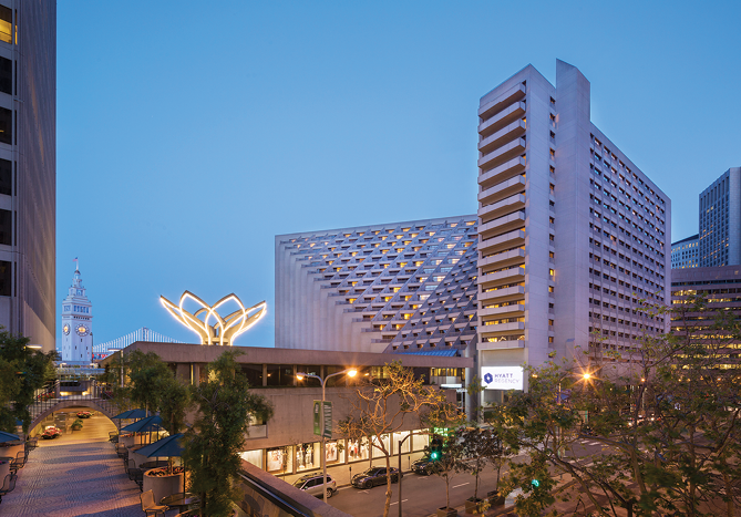 Hyatt Regency San Francisco exterior at dusk