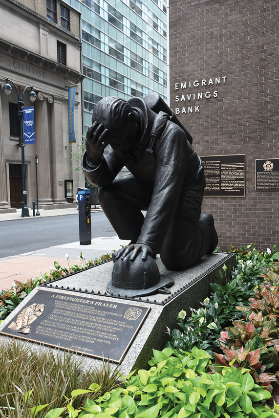 Emigrant Bank’s Midtown headquarters, with its distinctive “Kneeling Firefighter” memorial